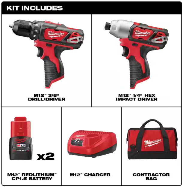 Milwaukee M12 12V Lithium-Ion Cordless Drill Driver/Impact Driver Combo Kit with Two 1.5Ah Batteries, Charger and Bag (2-Tool)