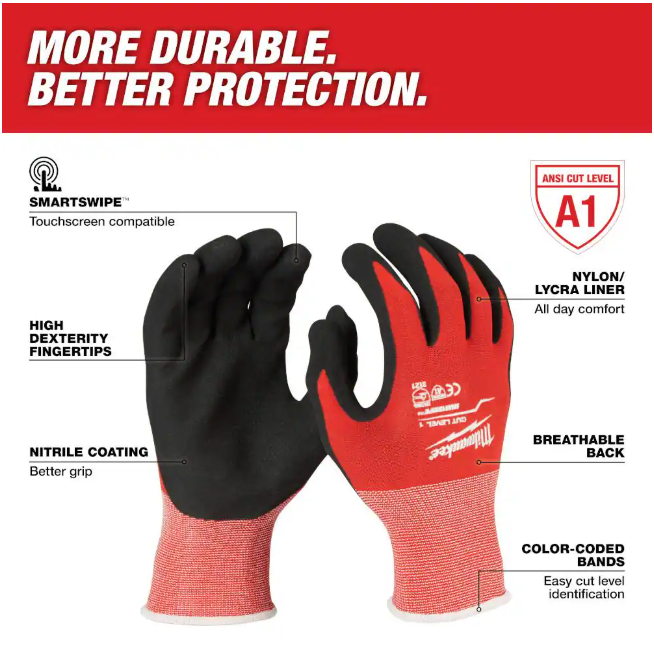 Milwaukee Large Red Nitrile Level 1 Cut Resistant Dipped Work Gloves (12-Pack)