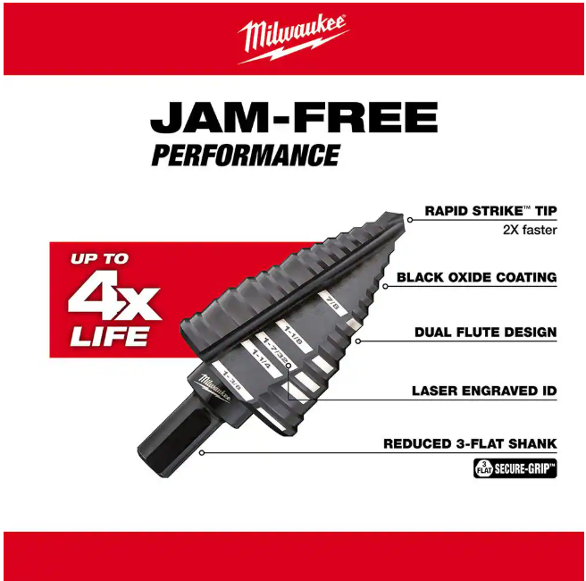 Milwaukee 7/8 in. - 1-3/8 in. #12 Black Oxide Step Drill Bit (5-Steps)