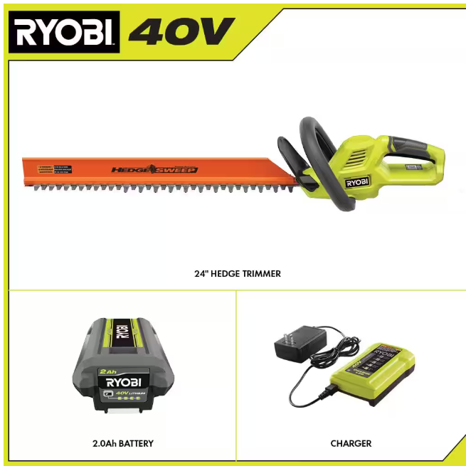 RYOBI 40V 24 in. Cordless Battery Hedge Trimmer with 2.0 Ah Battery and Charger