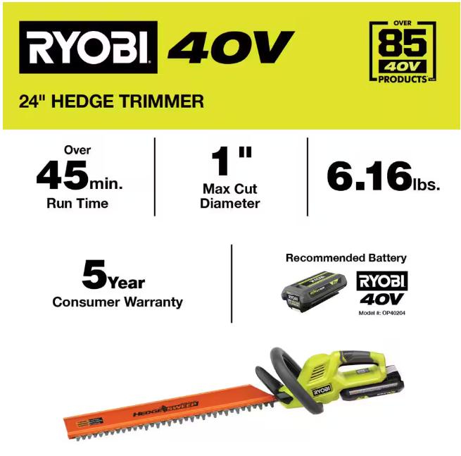 RYOBI 40V 24 in. Cordless Battery Hedge Trimmer with 2.0 Ah Battery and Charger