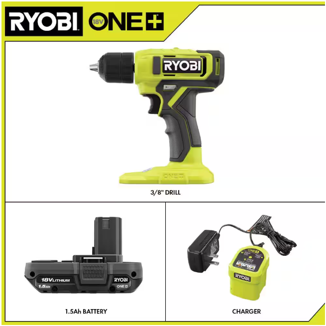 RYOBI ONE+ 18V Cordless 3/8 in. Drill/Driver Kit with 1.5 Ah Battery and Charger
