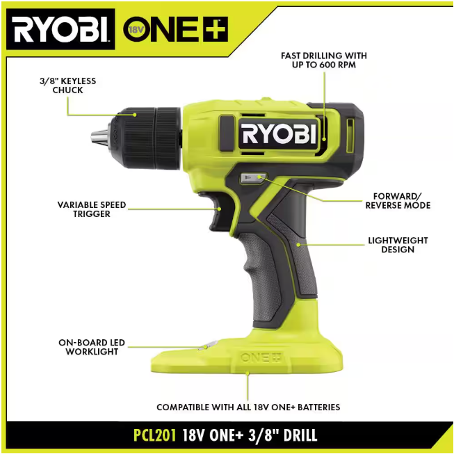 RYOBI ONE+ 18V Cordless 3/8 in. Drill/Driver Kit with 1.5 Ah Battery and Charger