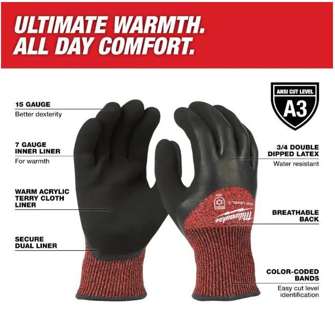 Milwaukee X-Large Red Latex Level 3 Cut Resistant Insulated Winter Dipped Work Gloves