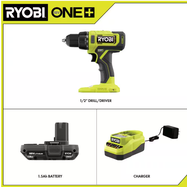 RYOBI ONE+ 18V Cordless 1/2 in. Drill/Driver Kit with (1) 1.5 Ah Battery and Charger