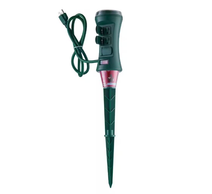 Smart Outdoor 4 ft. 6-Outlet Power Stake Timer with Holiday Lights Projector Powered by Hubspace