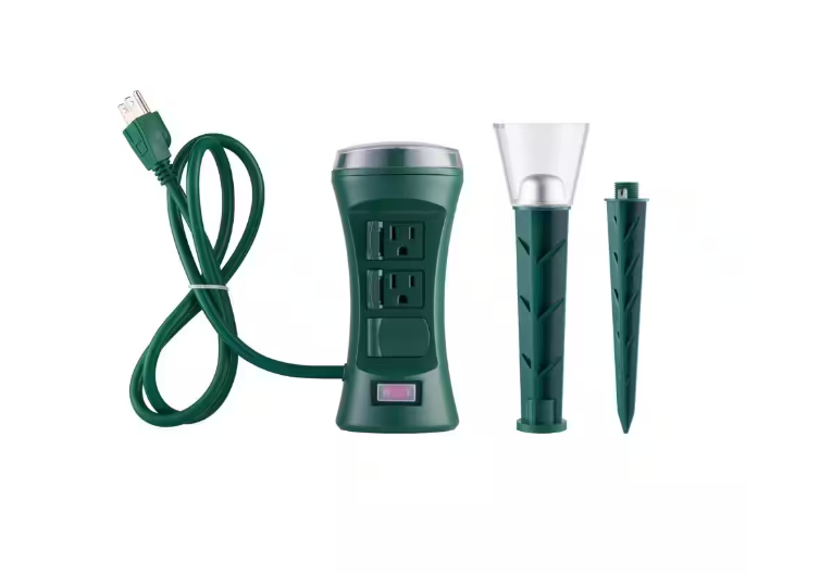Smart Outdoor 4 ft. 6-Outlet Power Stake Timer with Holiday Lights Projector Powered by Hubspace