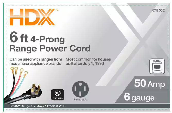 HDX 6 ft. 6/4 50 Amp 4-Prong Range Power Cord, Black