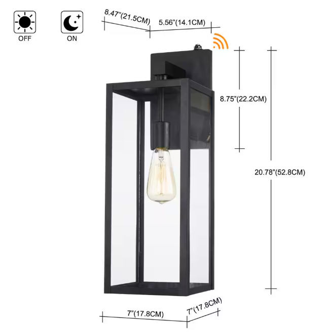 Hukoro Martin 21 in. 1-Light Matte Black Hardwired Outdoor Wall Lantern Sconce with Dusk to Dawn (2-Pack)