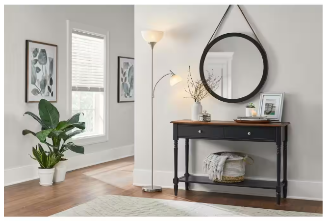 Hampton Bay 70 in. Brushed Nickel Mother Daughter 2-Light Torchiere Floor Lamp with Plastic Shade