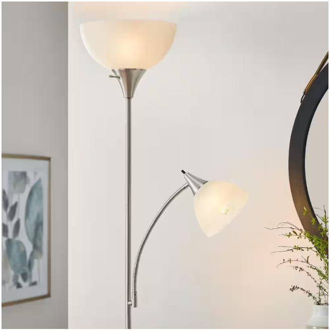 Hampton Bay 70 in. Brushed Nickel Mother Daughter 2-Light Torchiere Floor Lamp with Plastic Shade