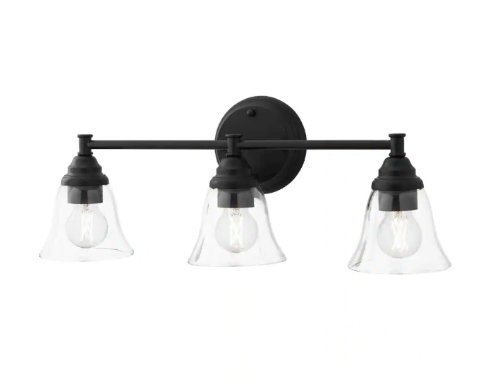Hampton Bay Marsden 23.5 in. 3-Light Matte Black Transitional Vanity with Clear Glass Shades