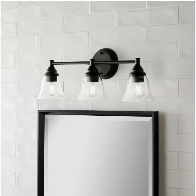 Hampton Bay Marsden 23.5 in. 3-Light Matte Black Transitional Vanity with Clear Glass Shades