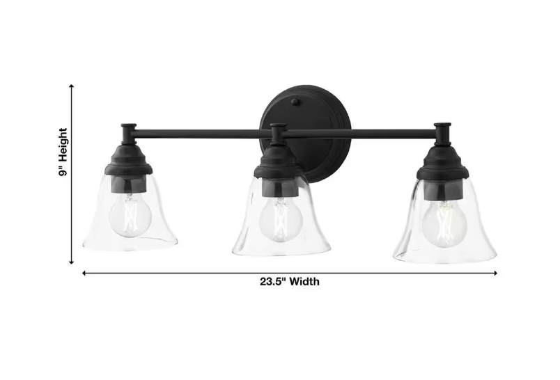 Hampton Bay Marsden 23.5 in. 3-Light Matte Black Transitional Vanity with Clear Glass Shades