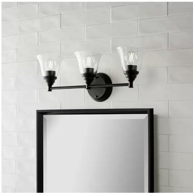 Hampton Bay Marsden 23.5 in. 3-Light Matte Black Transitional Vanity with Clear Glass Shades