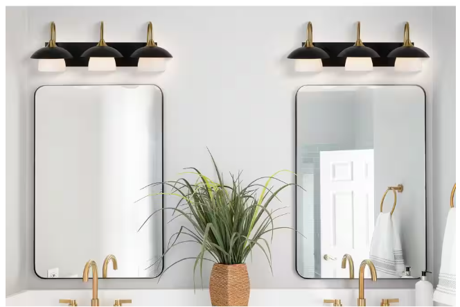 Alsy 26 in. 3-Light Black with Gold Vanity Light with Metal and Glass Shade