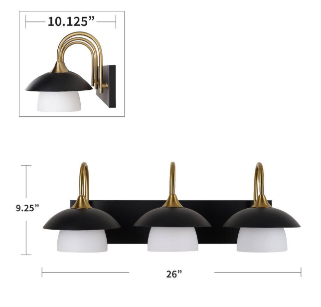 Alsy 26 in. 3-Light Black with Gold Vanity Light with Metal and Glass Shade