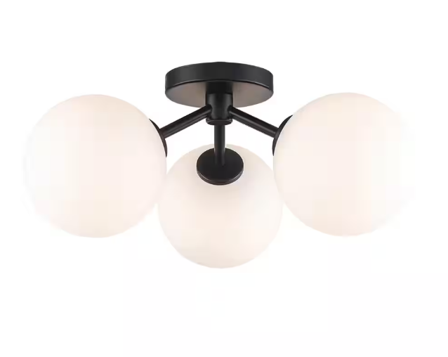Monteaux Lighting 17.63 in. 3-Light Black Flush Mount Ceiling Light with Opal Glass Globe Shades