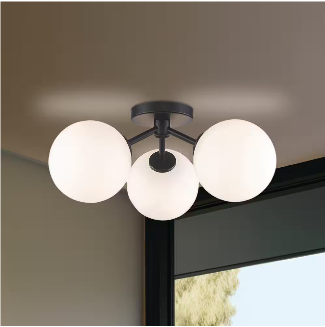 Monteaux Lighting 17.63 in. 3-Light Black Flush Mount Ceiling Light with Opal Glass Globe Shades