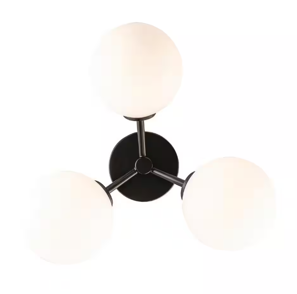 Monteaux Lighting 17.63 in. 3-Light Black Flush Mount Ceiling Light with Opal Glass Globe Shades
