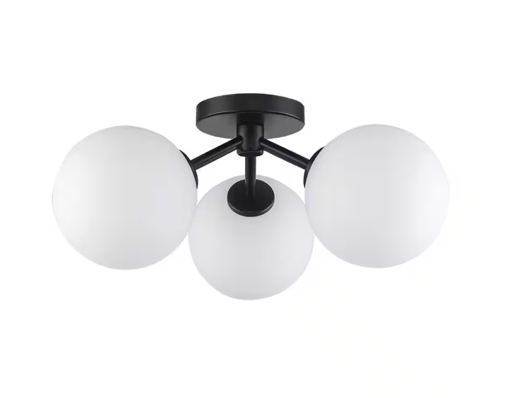 Monteaux Lighting 17.63 in. 3-Light Black Flush Mount Ceiling Light with Opal Glass Globe Shades