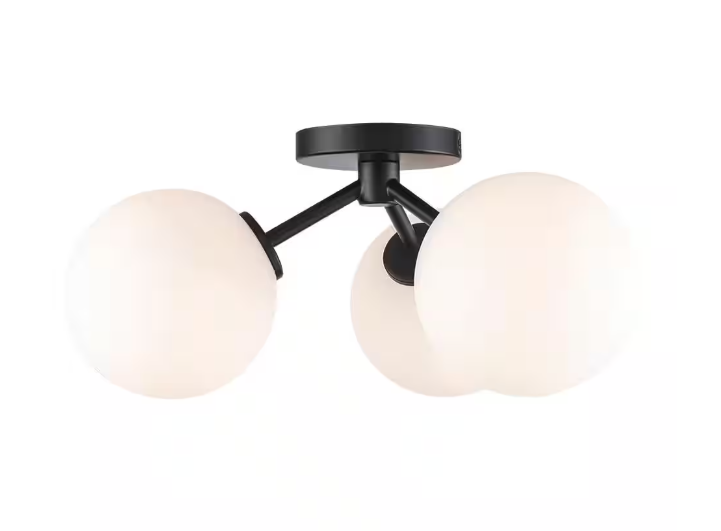 Monteaux Lighting 17.63 in. 3-Light Black Flush Mount Ceiling Light with Opal Glass Globe Shades