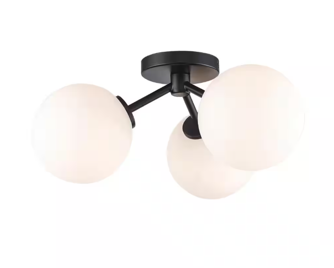 Monteaux Lighting 17.63 in. 3-Light Black Flush Mount Ceiling Light with Opal Glass Globe Shades