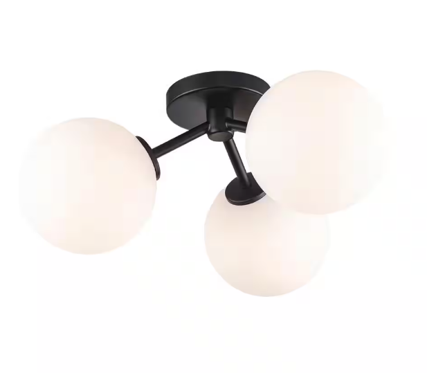 Monteaux Lighting 17.63 in. 3-Light Black Flush Mount Ceiling Light with Opal Glass Globe Shades