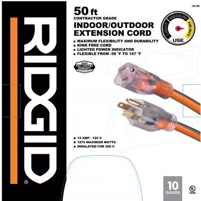 RIDGID 50 ft. 10/3 Heavy Duty Indoor/Outdoor SJTW Extension Cord with Lighted End, Orange/Grey