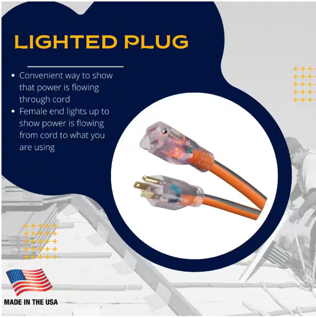 RIDGID 50 ft. 10/3 Heavy Duty Indoor/Outdoor SJTW Extension Cord with Lighted End, Orange/Grey