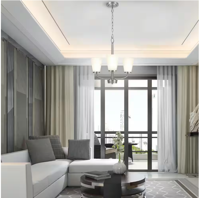 Hampton Bay Helena 19 in 3-Light Brushed Nickel Hanging Chandelier with Frosted Glass Shades for Dining Room