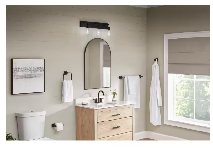 Hampton Bay Northvale 24 in. 3-Light Matte Black Vanity Light with Bath Hardware Kit (4-Piece)