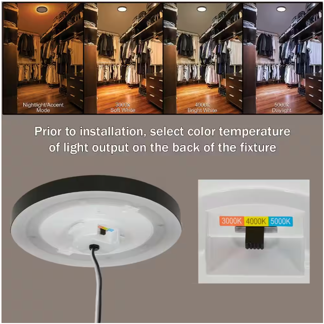 Commercial Electric 7.5 in. Round White Oil Rubbed Bronze Trims LED Flush Mount Ceiling Light Adjustable 3000K 4000K 5000K with Night Light
