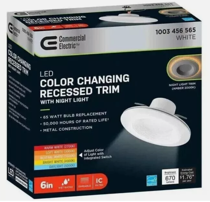 3-Pack Commercial Electric 6in Selectable CCT LED Recessed Light Trim 670 Lumens