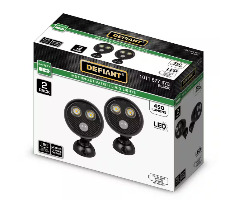 Defiant 450-Lumen Battery Powered 120-Degree Black Motion Activated Integrated LED Flood Light (2-Pack)