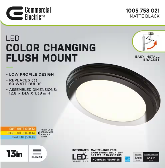 Commercial Electric 13 in. Matte Black Selectable LED Flush Mount