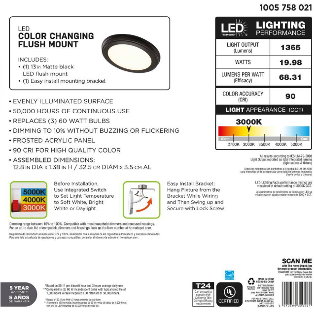 Commercial Electric 13 in. Matte Black Selectable LED Flush Mount