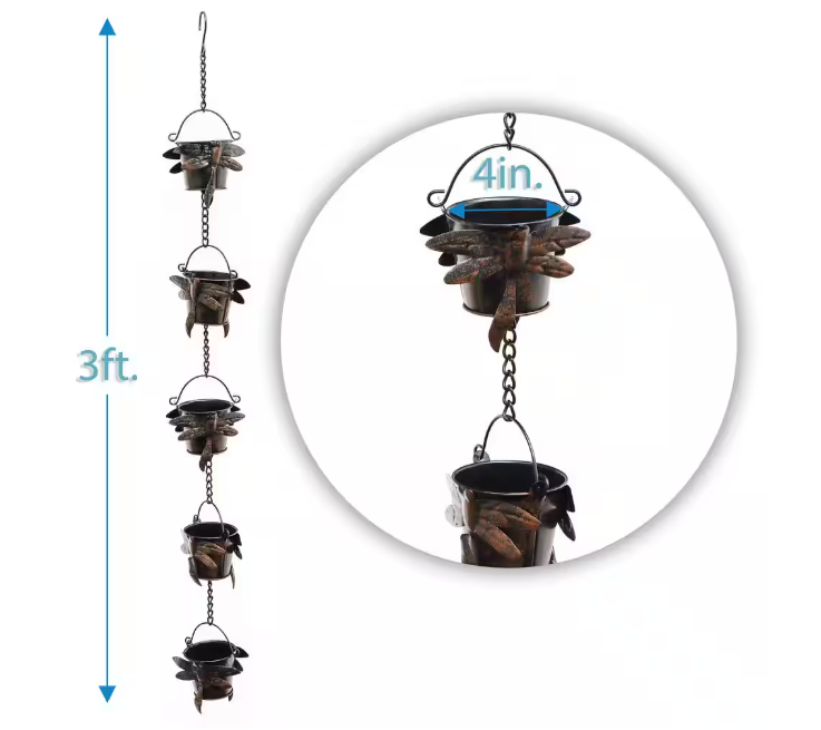 Trademark Innovations Rain Chain Copper Colored Bucket with Dragonfly Design for Gutters and Downspouts