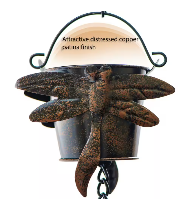 Trademark Innovations Rain Chain Copper Colored Bucket with Dragonfly Design for Gutters and Downspouts