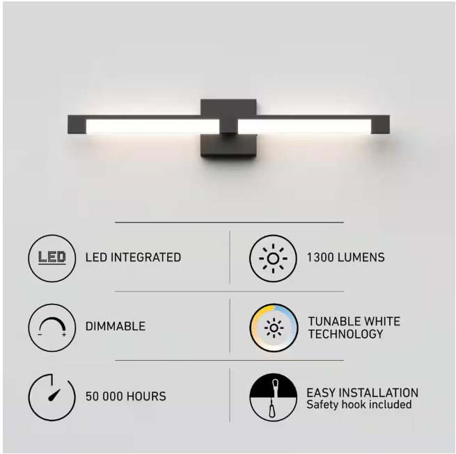 Artika Tivoli 27 in. 1-Light Matte Black Modern Integrated LED Vanity Light Bar for Bathroom