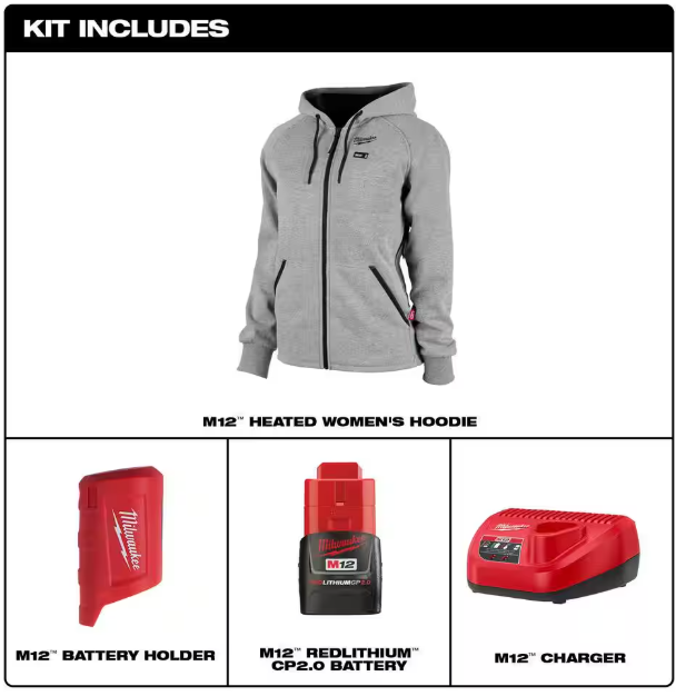 Milwaukee Women's Large M12 12-Volt Lithium-Ion Cordless Gray Heated Jacket Hoodie Kit with (1) 2.0 Ah Battery and Charger
