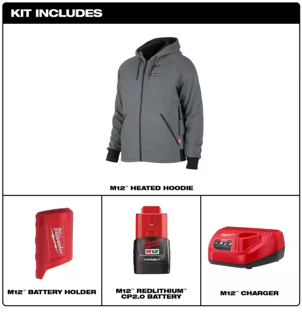 Milwaukee Men's 2X-Large M12 12-Volt Lithium-Ion Cordless Gray Heated Jacket Hoodie Kit with (1) 2.0 Ah Battery and Charger