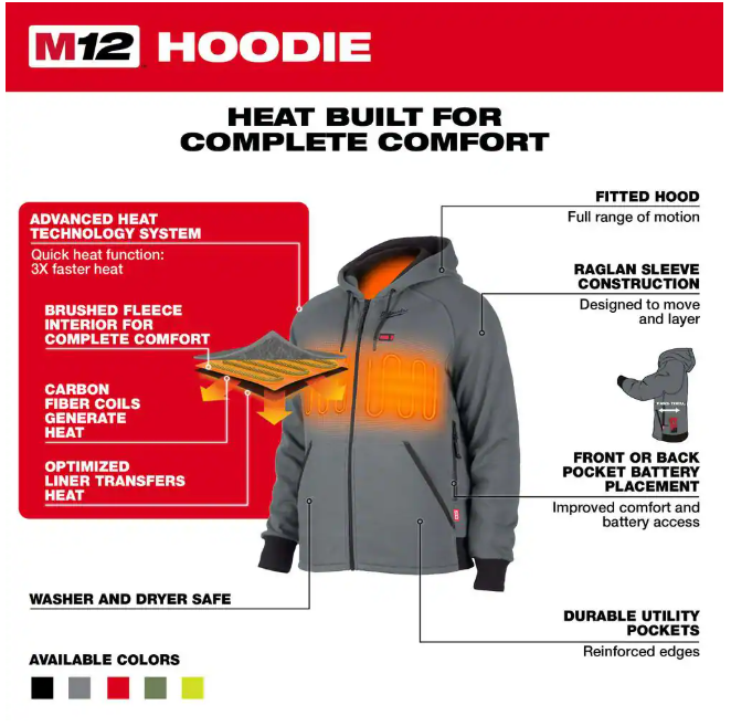 Milwaukee Men's 2X-Large M12 12-Volt Lithium-Ion Cordless Gray Heated Jacket Hoodie Kit with (1) 2.0 Ah Battery and Charger