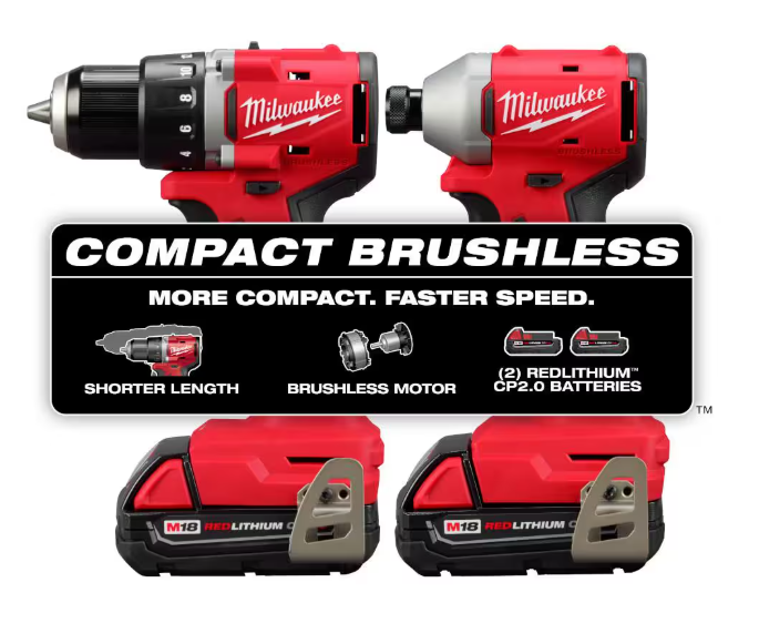 Milwaukee M18 18V Lithium-Ion Brushless Cordless Compact Drill/Impact Combo Kit (2-Tool) w/(2) 2.0 Ah Batteries, Charger & Bag