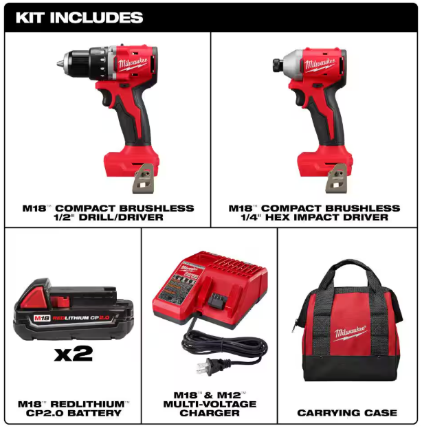 Milwaukee M18 18V Lithium-Ion Brushless Cordless Compact Drill/Impact Combo Kit (2-Tool) w/(2) 2.0 Ah Batteries, Charger & Bag