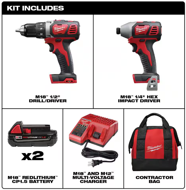 Milwaukee M18 18V Lithium-Ion Cordless Drill Driver/Impact Driver Combo Kit (2-Tool) W/ Two 1.5Ah Batteries, Charger Tool Bag