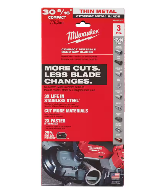 Milwaukee 30-9/16 in. 12/14 TPI Compact Extreme Thin Metal Cutting High Speed Steel Band Saw Blade (3-Pack) For M12 FUEL Bandsaw
