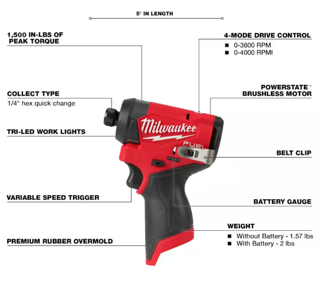 Milwaukee M12 FUEL 12V Lithium-Ion Brushless Cordless 1/4 in. Hex Impact Driver (Tool-Only)