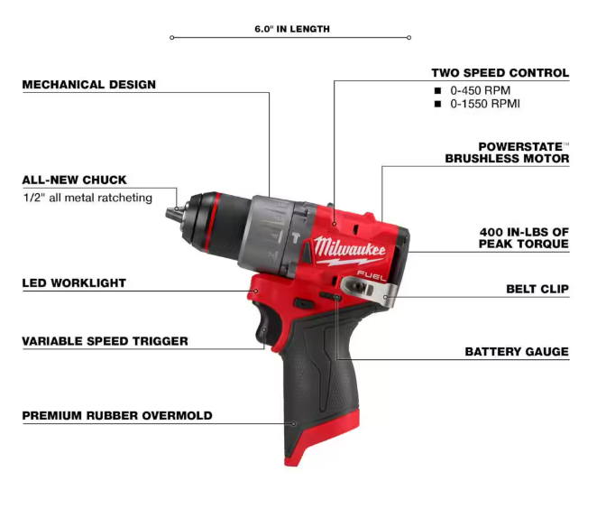 Milwaukee M12 FUEL 12V Lithium-Ion Brushless Cordless 1/2 in. Hammer Drill (Tool-Only)