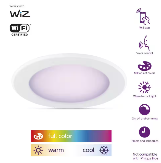 Philips 5 in. /6 in. Integrated LED Color Changing 85-Watt Equivalent Dimmable Smart Wi-Fi Wiz Recessed Light Kit (1-Pack)